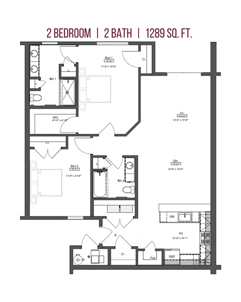 Floor plan for 2 beds, 2 baths, 1289 sqft